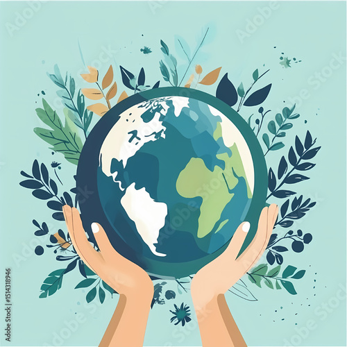 Harmony Earth: Two hands cradling a beautiful planet Earth, encircled by flourishing foliage, representing environmental consciousness and a call to safeguard our precious world. 
