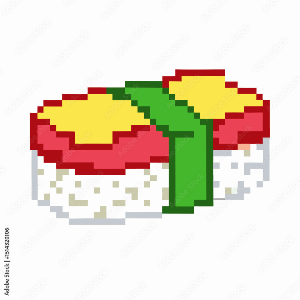 Fototapeta premium Pixel art sushi piece with red and yellow toppings, green wrap, and rice base
