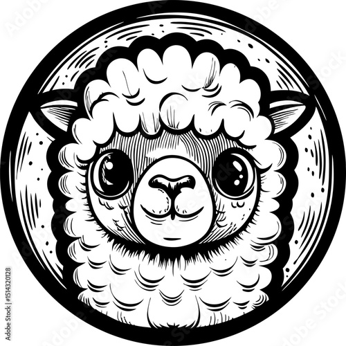 Cute alpaca illustration in round frame with black and white design