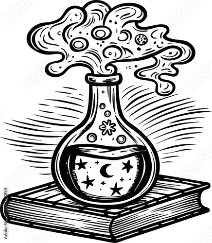 magical potion in flask on book vintage mystical alchemy illustration with stars, moon, and smoke