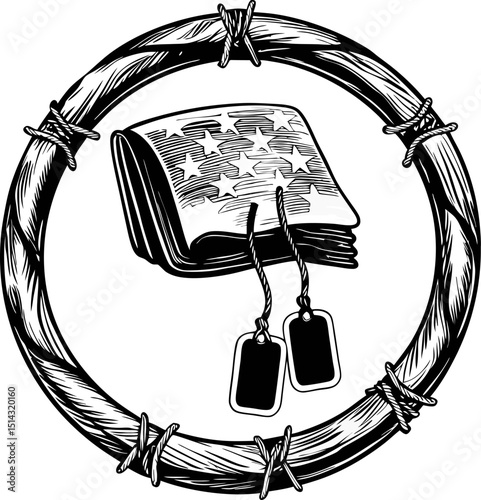 Honoring veterans american flag, military dog tags, barbed wire circle symbolism