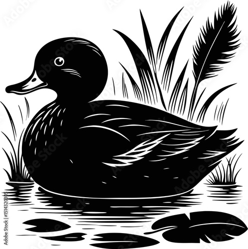 swimming duck illustration, pond fauna with reeds and water lilies artistic black and white nature design