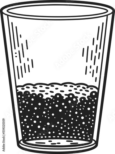 Minimalist black and white illustration of a half filled bubbly drink in a glass