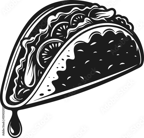 black and white taco illustration with dripping sauce, delicious mexican fast food art