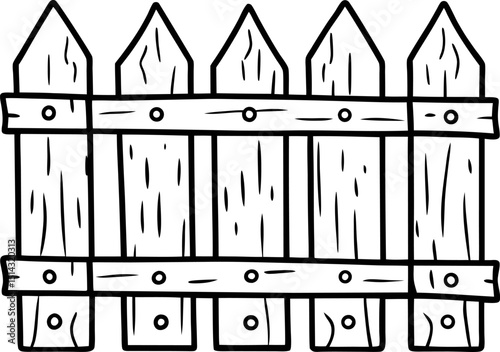 Wooden fence illustration, black and white outline, rustic picket design
