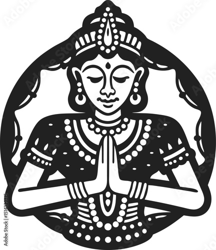 black and white meditative figure in traditional attire with hands in prayer calm, serene, spiritual design