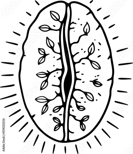 abstract coffee bean art with plant motifs and radiant design illustrative botanical pattern