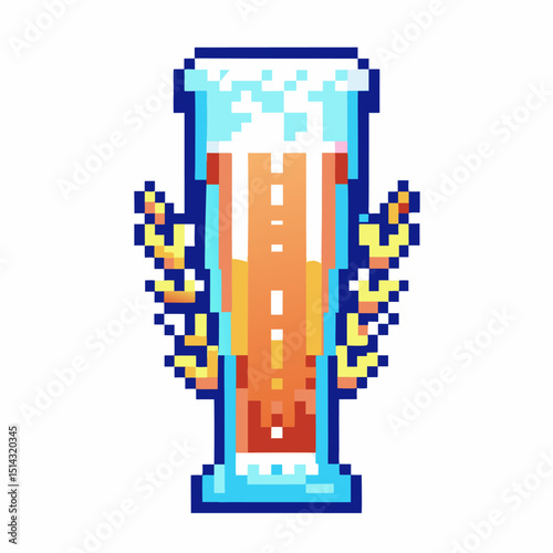 Pixelated beer mug with frothy head and wheat retro video game digital art, isolated tile
