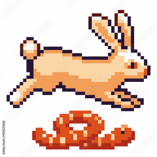 Pixel art rabbit jumping over a carrot retro digital illustration, playful gaming design