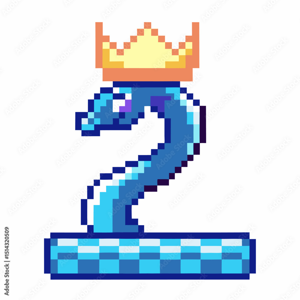 Fototapeta premium Pixel art blue snake with crown on number two base