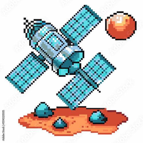 Pixel art satellite orbiting mars with solar panels and red planet surface rocks, space exploration theme