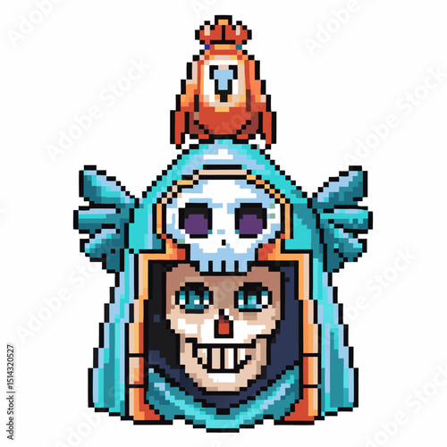 Pixel art skull warrior helmet, colorful retro design with skulls and vibrant patterns