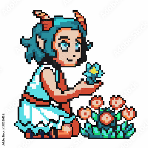 pixel art character, blue haired elf, admiring flowers cute fantasy retro game, whimsical garden scene