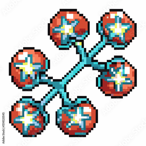 Pixel art sci fi neural network with glowing red nodes and blue connection lines
