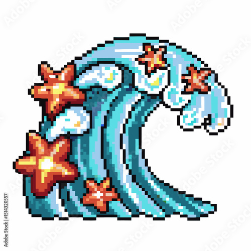Pixel art ocean wave with starfish and foam in retro