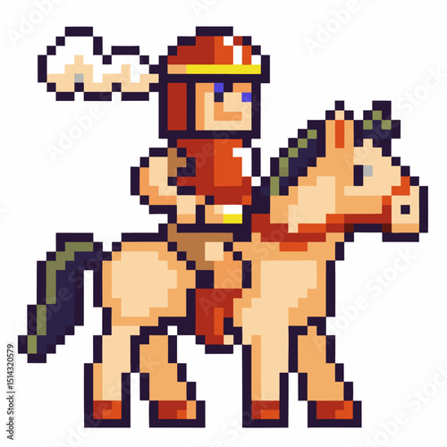Pixel art knight riding horse in retro video game nostalgic adventure and medieval fantasy icon
