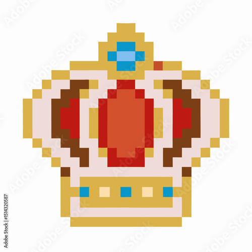 pixel art crown, vintage royal symbol retro digital design, colorful jewel emblem