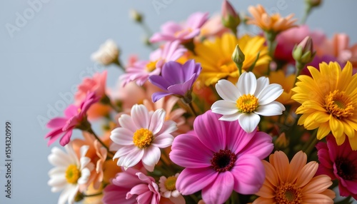 a bouquet of multi colored flowers against a plain background.