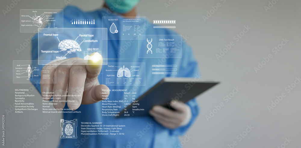 Fototapeta premium Digital health data and electronic health record or EHR. Doctor uses tablet to access patient records to improve diagnosis, treatment, disease management, and healthcare outcomes
