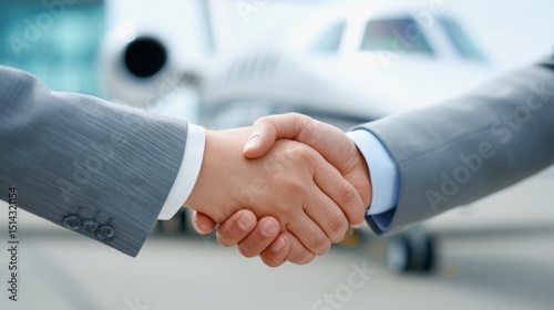 Air Travel Business Idea. Two business professionals shake hands in front of a private jet, symbolizing a successful deal or partnership.