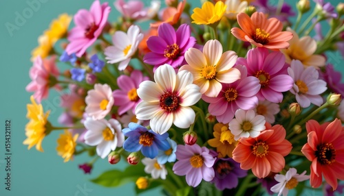 a bouquet of vibrant wildflowers in full bloom, arranged in a clear glass vase with water, set again