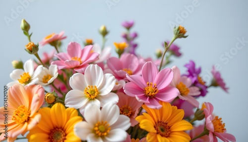 a bouquet of colorful flowers with vibrant blooms in shades of orange, yellow, pink, and white