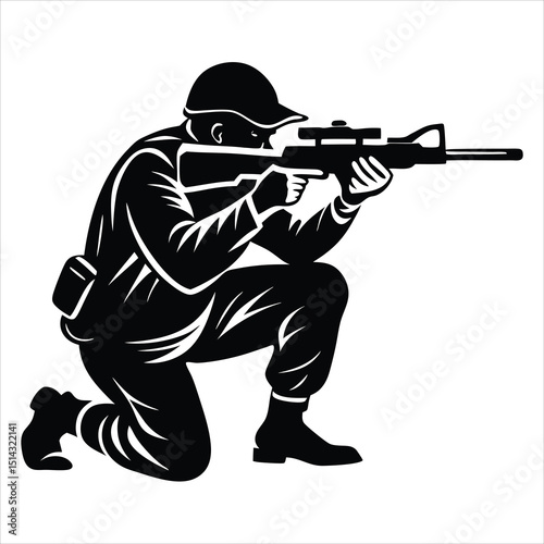 Military soldier saluting silhouette vector illustration for design use, A black silhouette of an soldier kneeling and aiming a rifle, against a white background