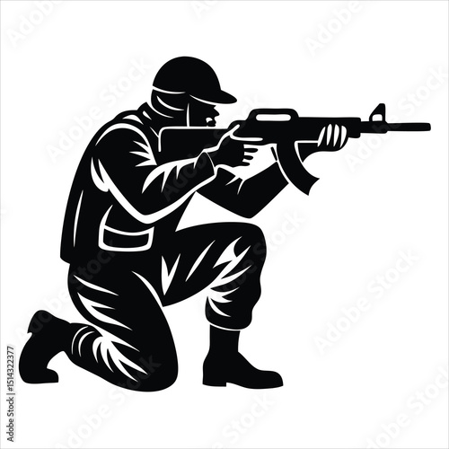 Military soldier saluting silhouette vector illustration for design use, A black silhouette of an soldier kneeling and aiming a rifle, against a white background