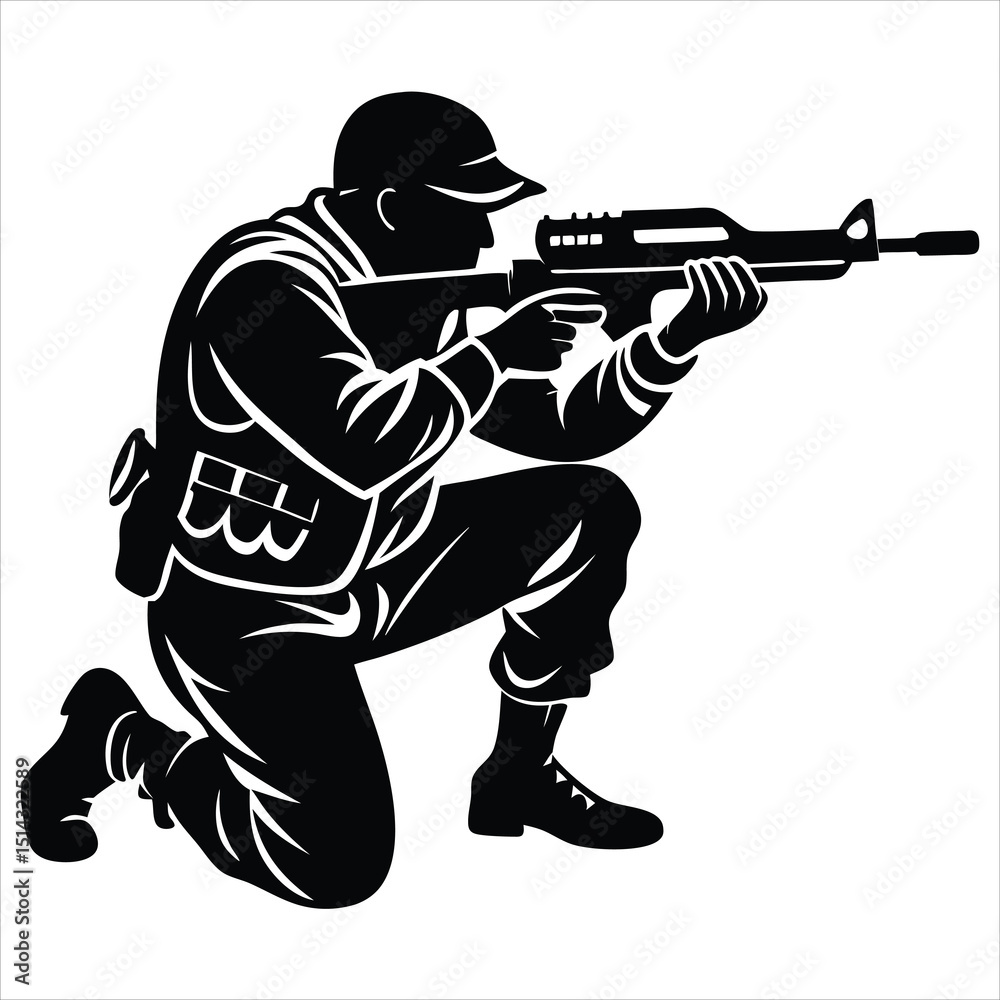 Military soldier saluting silhouette vector illustration for design use, A black silhouette of an soldier kneeling and aiming a rifle, against a white background Military soldier saluting silhouette vector illustration for design use, A black silhouette of an soldier kneeling and aiming a rifle, against a white background