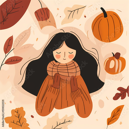 Cozy Autumn Embrace: A beautiful girl in warm sweater with long black hair surrounded by seasonal leaves and pumpkins embodies the essence of fall season and cozy charm in cartoon illustration.
