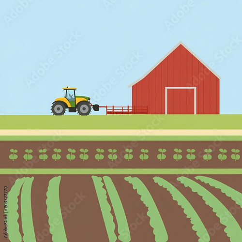 Farm Life: A picturesque scene unfolds on a serene farm, where a tractor and barn are amidst meticulously planted fields, symbolizing growth and cultivation.