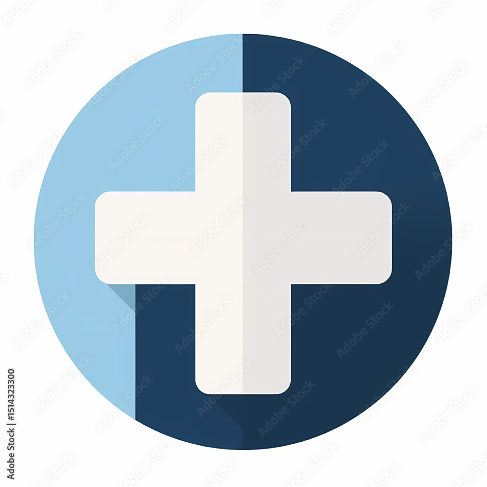 Fototapeta premium Healthcare Symbol: A clean, modern healthcare icon featuring a plus sign within a circle, with shades of blue and a touch of shadow, ideal for medical or first aid related designs.
