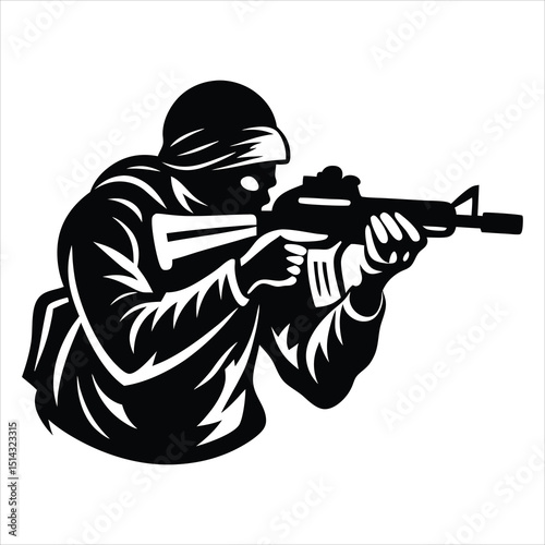 Military soldier saluting silhouette vector illustration for design use, A black silhouette of an soldier kneeling and aiming a rifle, against a white background