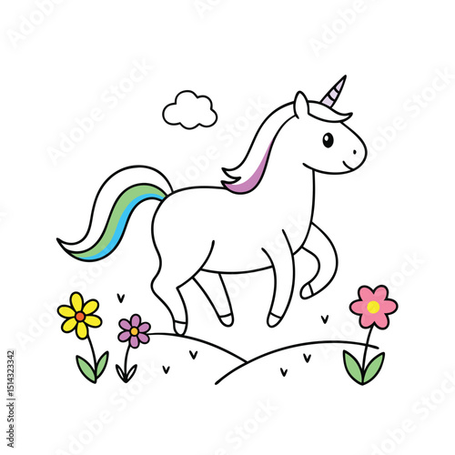 Cute unicorn with rainbow mane and flowers vector on white background
