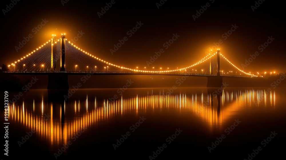 Obraz premium Illuminated suspension bridge reflecting in tranquil water during the evening