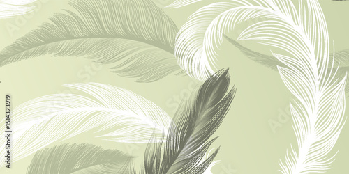 Elegant seamless vector background featuring delicate white and gray feathers on a soft green gradient. Perfect for fabric, wallpaper, packaging, and decorative designs.