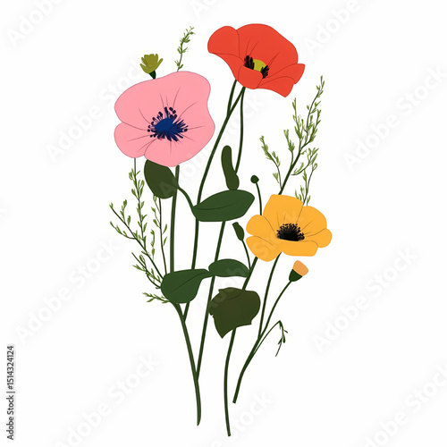 Vibrant Floral Elegance: A stunning array of delicate poppy blossoms in shades of pink, red, and yellow blooms gracefully with artistic precision