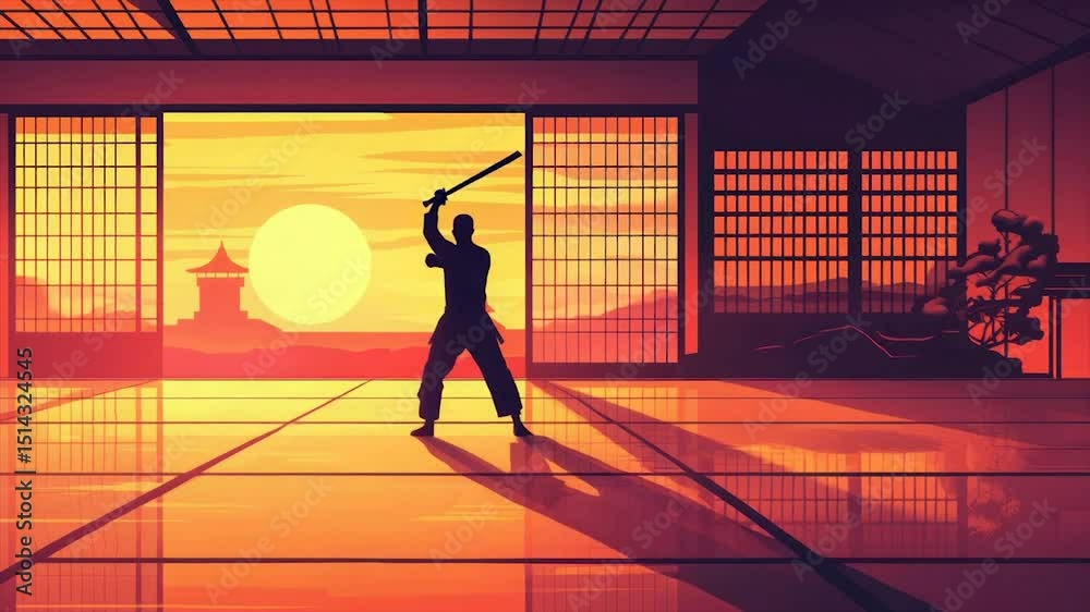Martial arts practice at sunset in a traditional dojo