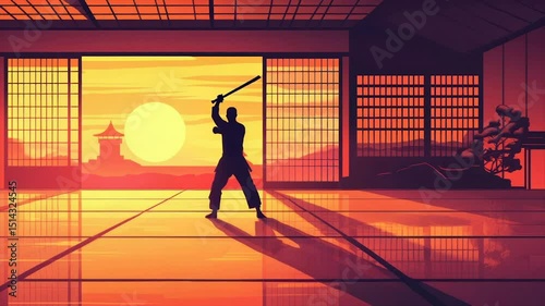 Martial arts practice at sunset in a traditional dojo