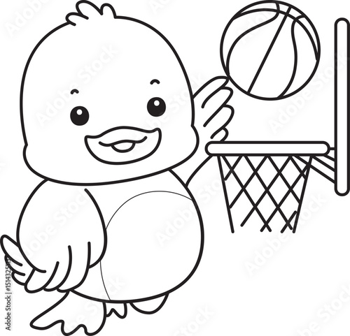 Coloring book of Cute Duck icon. Outline of  Funny baby Duck animal series stock illustration. life of fluffy Duck designs.