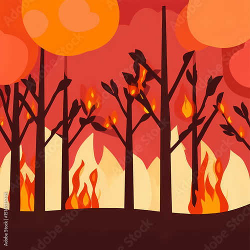 Forest Fire Illustration: A stylized illustration depicting a forest fire, with flames engulfing trees and a fiery red sky.