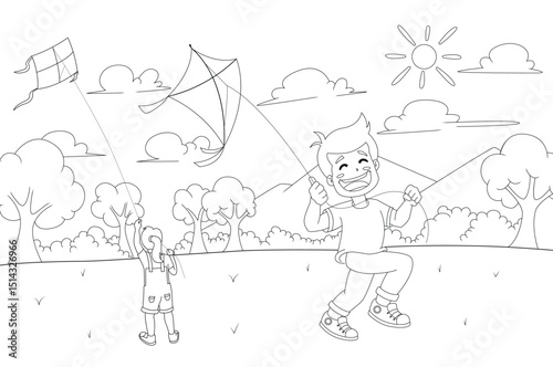 Children_s coloring illustration kids playing kite 