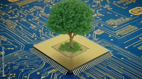 Green technology concept: A tree growing on a microchip