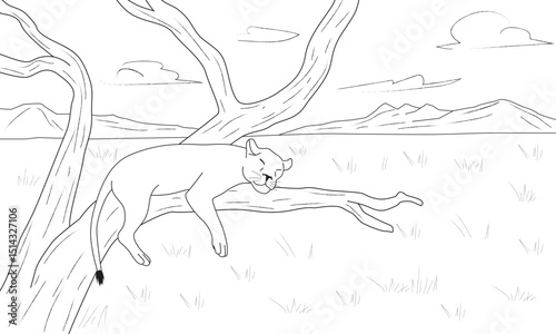 Children_s coloring lion sleeping in safari