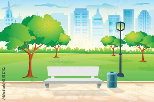 City park with trees bench and building background