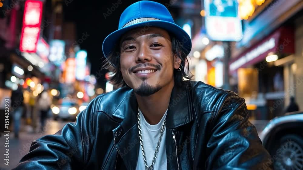Smiling man in a blue hat and black leather jacket sits on a city street at night. Warm-toned bokeh lights blur the background.  Night city street scene
