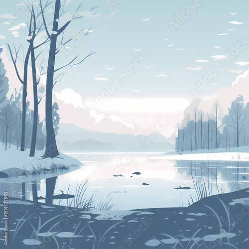 Serene Lakeside Winter: A tranquil illustration of a winter landscape, depicting a serene lake surrounded by snow-covered trees and misty mountains. The calm water reflects the soft.