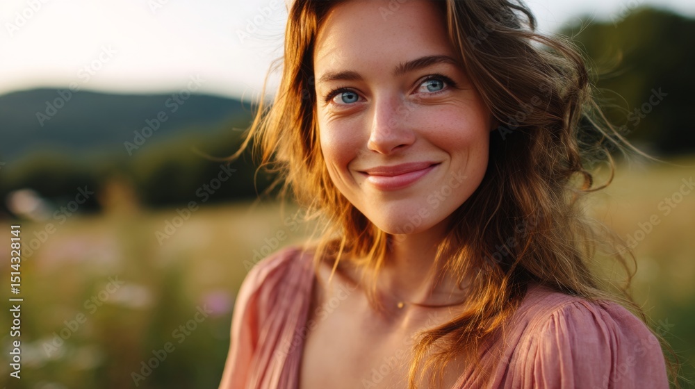 Fototapeta premium A woman with long brown hair smiles at the camera