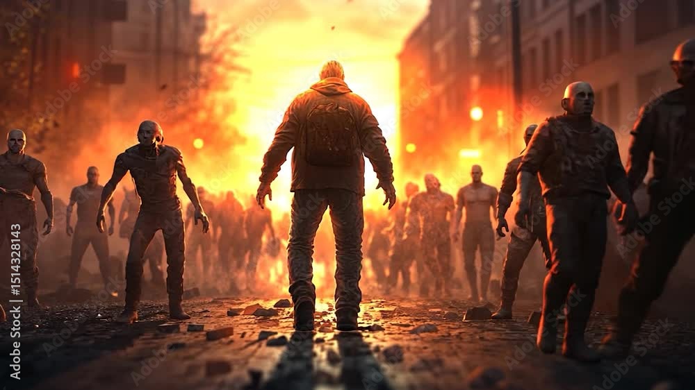A lone man confronts a horde of zombies in a fiery, urban apocalypse setting.  Warm-toned lighting illuminates the scene, creating a dramatic atmosphere