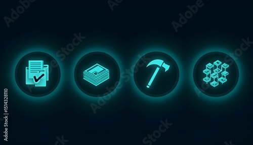 Illuminating blockchain icons represent key stages in a cryptocurrency process, embodying innovation and technological advancement, and forming a compelling visual for modern digital landscapes. 
